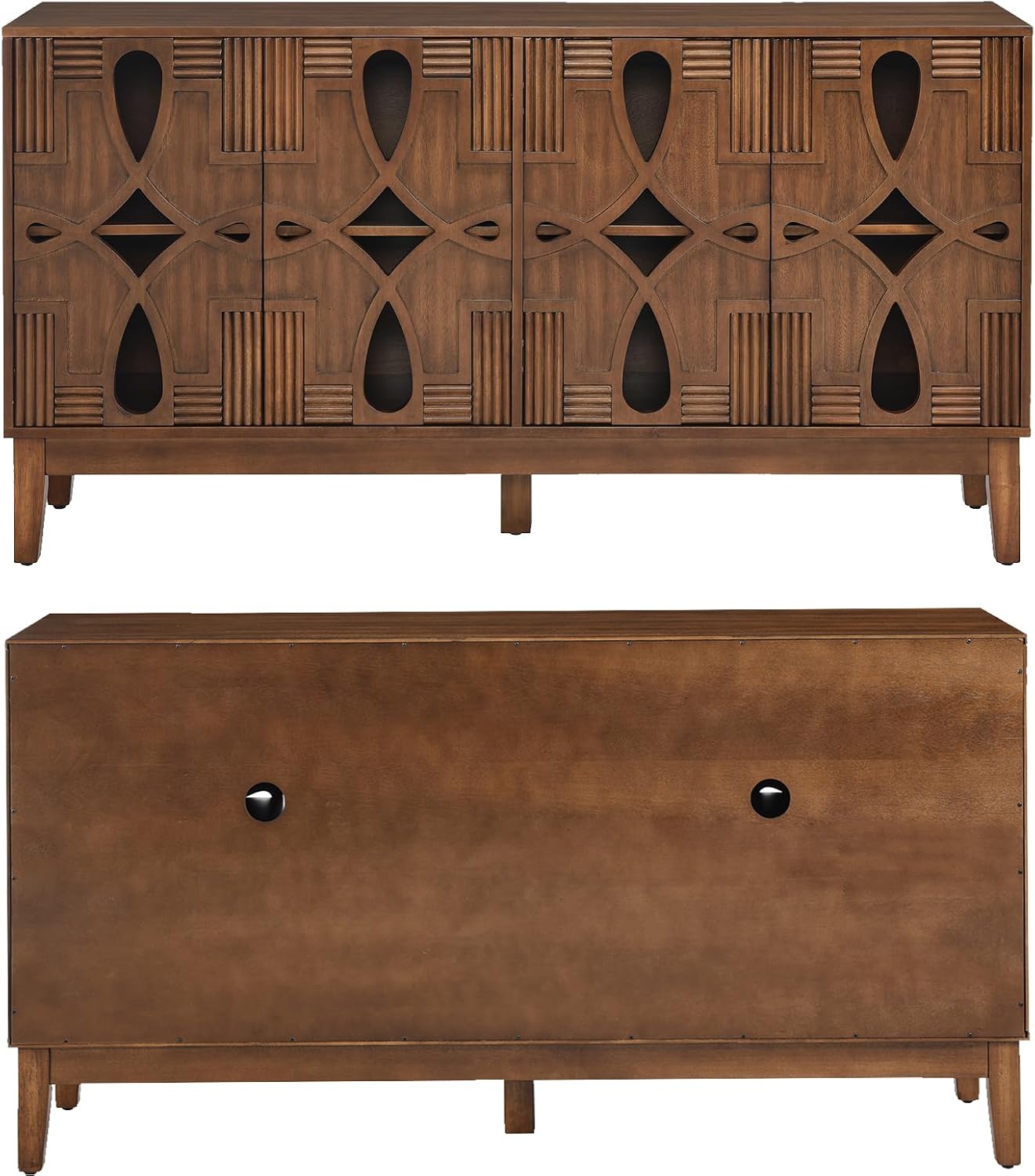 LKTART 60" Mid Century Modern Sideboard Buffet with Hollow Carved Doors and Outlet Holes,Vintage Accent Cabinet Credenzas Storage Cabinet Walnut