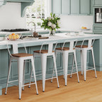 HAOBO Home 30" Bar Stools Set of 2 Bar Height Metal Barstools with Wood Seat Low Back Kitchen Bar Chairs White