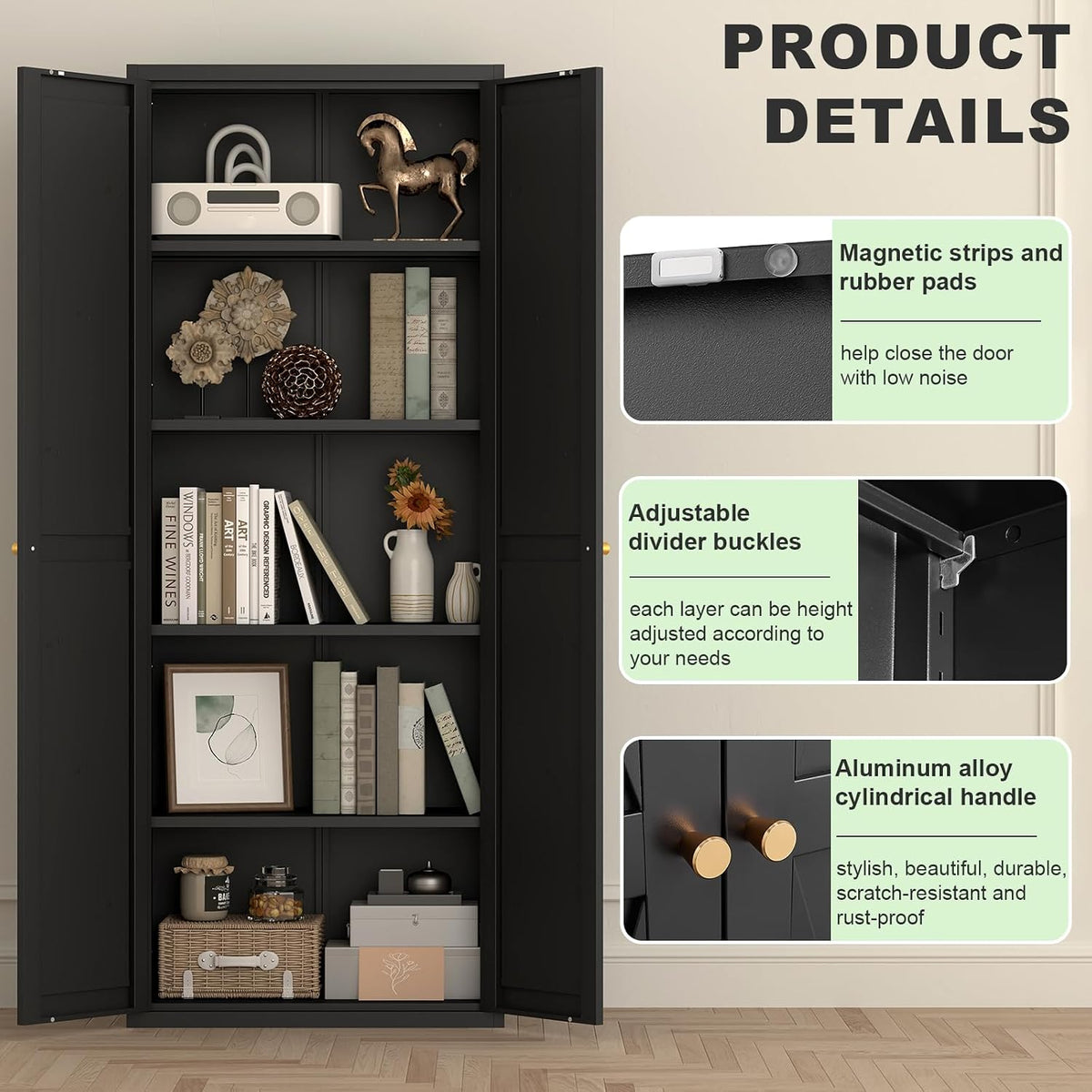 71" Tall Kitchen Pantry Storage Cabinet, Kitchen Storage Cabinet with Doors and 4 Adjustable Shelves, Metal Freestanding Cupboard for Garage Dining Room Living Room Bathroom, Black