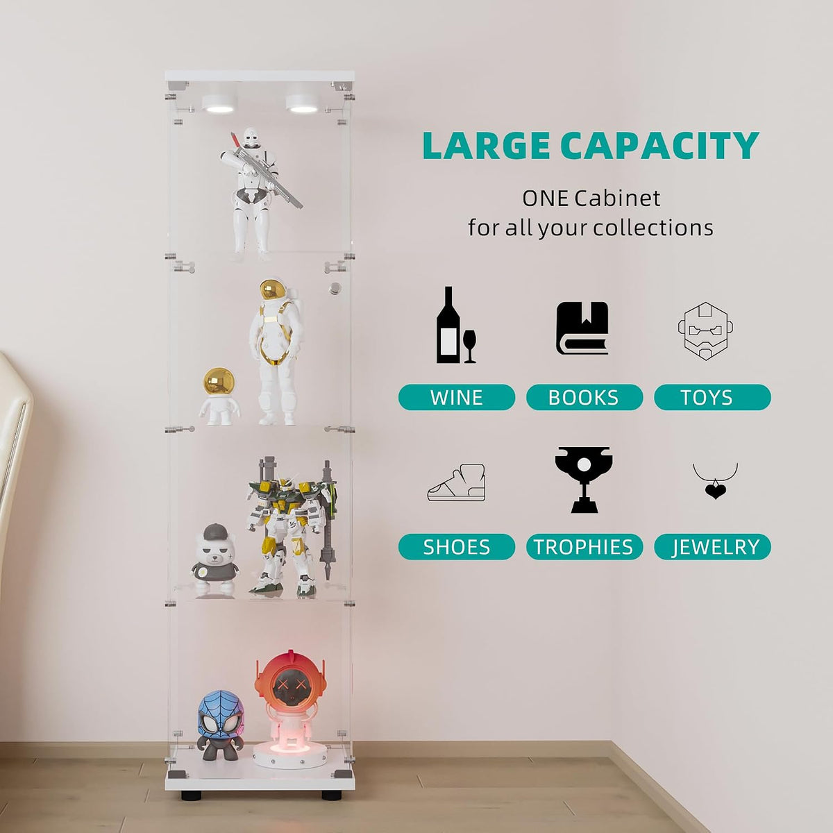 FANYUSHOW Display Cabinet with Glass Door and LED Light, 4-Tier Tempered Glass Display Shelf, Glass Curio Cabinet Collection Display Case, Display Case Cabinet, White 64.7" H x 16.7" L x 14.37" W