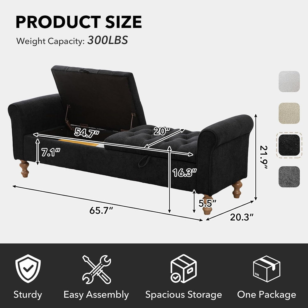 65" Oversize Storage Ottoman Bench, Fleece Upholstered End of Bed Benches with Rolled Armrest, Modern King Size Benches with Rolled Armrest, Window Bench (Black+Dual-Cover)