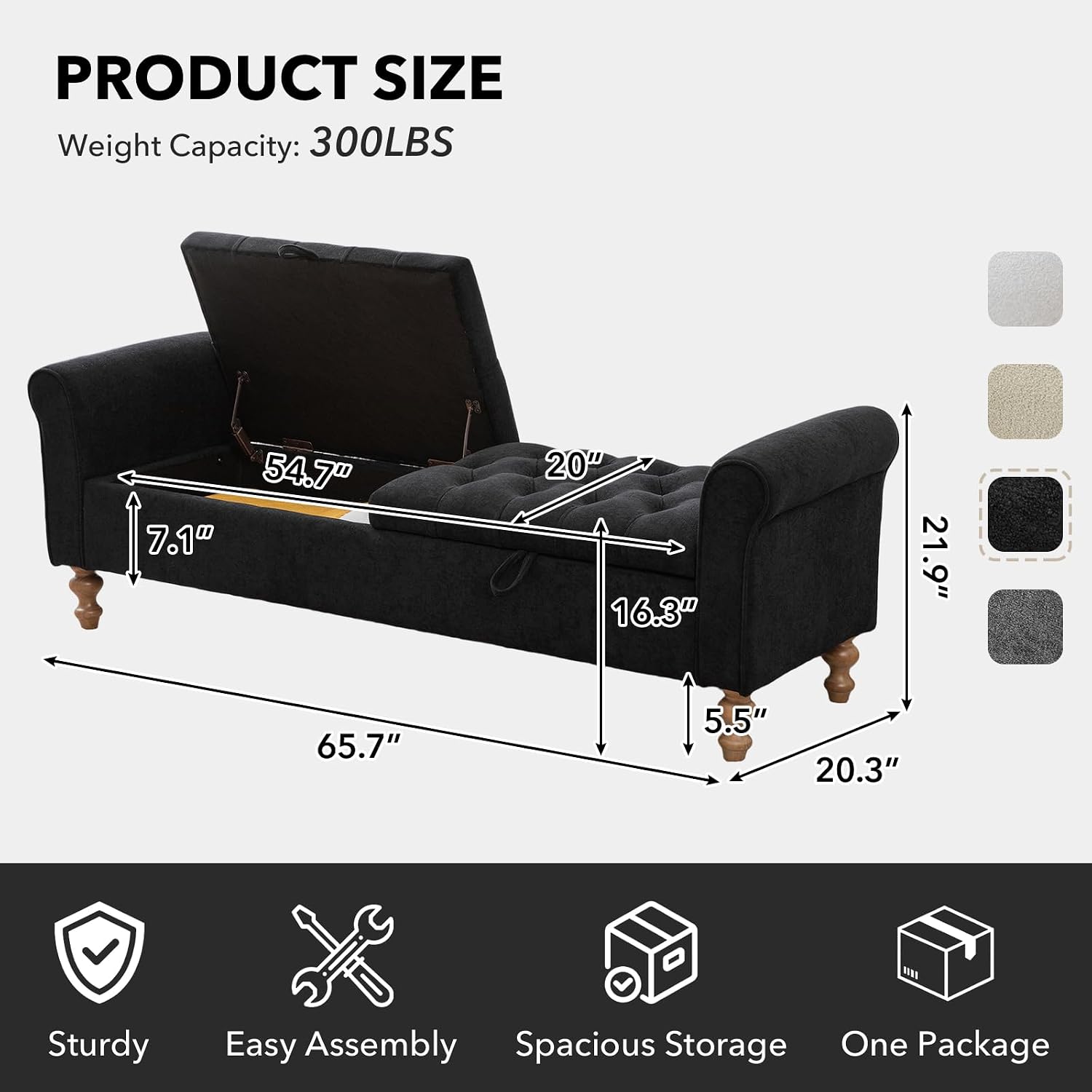 65" Oversize Storage Ottoman Bench, Fleece Upholstered End of Bed Benches with Rolled Armrest, Modern King Size Benches with Rolled Armrest, Window Bench (Black+Dual-Cover)