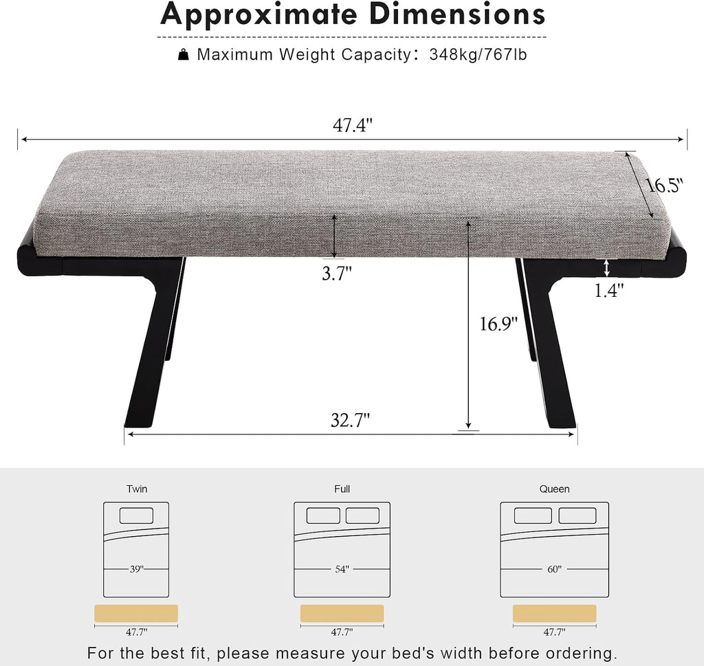 47" Upholstered Entryway Bench with Solid Wood Frame – Mid Century Modern End of Bed Bench, Dining Bench for Kitchen & Living Room, Grey