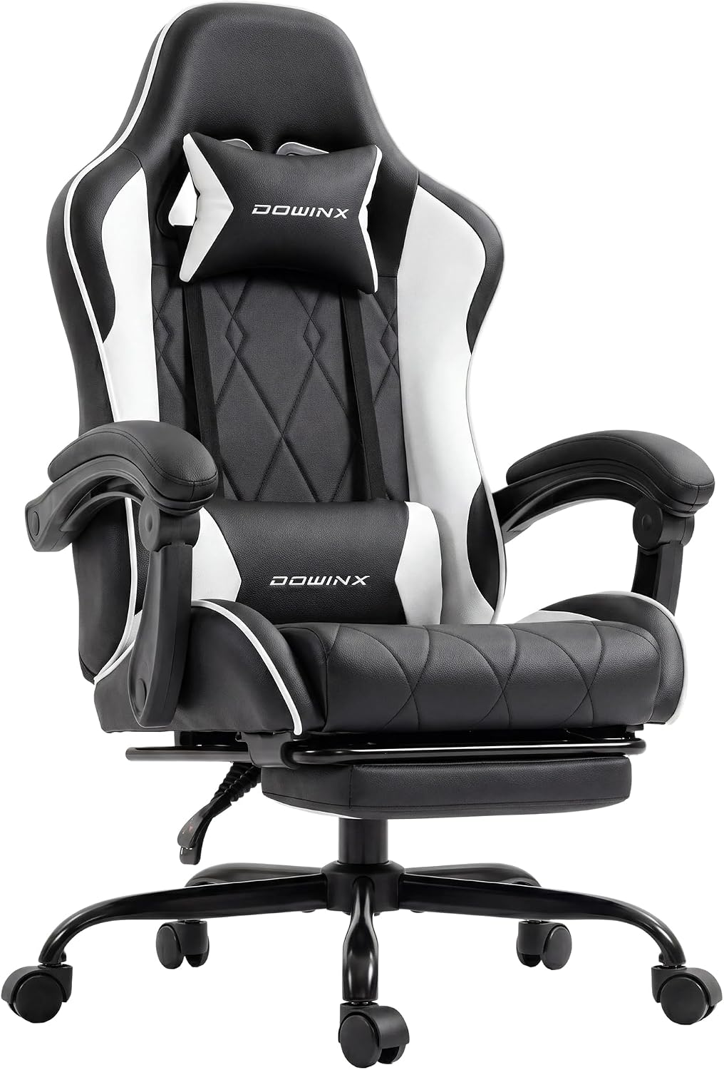 Dowinx Gaming Chair with Footrest, Ergonomic Office Chair, Black White | PU leather over high-density foam with lumbar support; steel frame holds 300 lbs; built for WFH, study, and napping