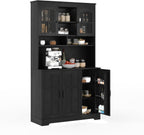 Spacious Storage & Modern Design Pantry Cabinet with Hutch – 70.9'' Tall Kitchen Cabinet – Glass Doors, Built-in Charging Station – Ideal for Dining Room – Black Color
