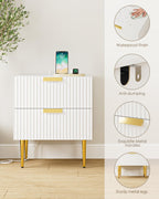 Nightstand with Charging Station, Bedside Table with Gold Frame,White Night Stand, End Table with 2Drawer, Mid Century Modern Bedside Table, Dresser for Bedroom,Living Room
