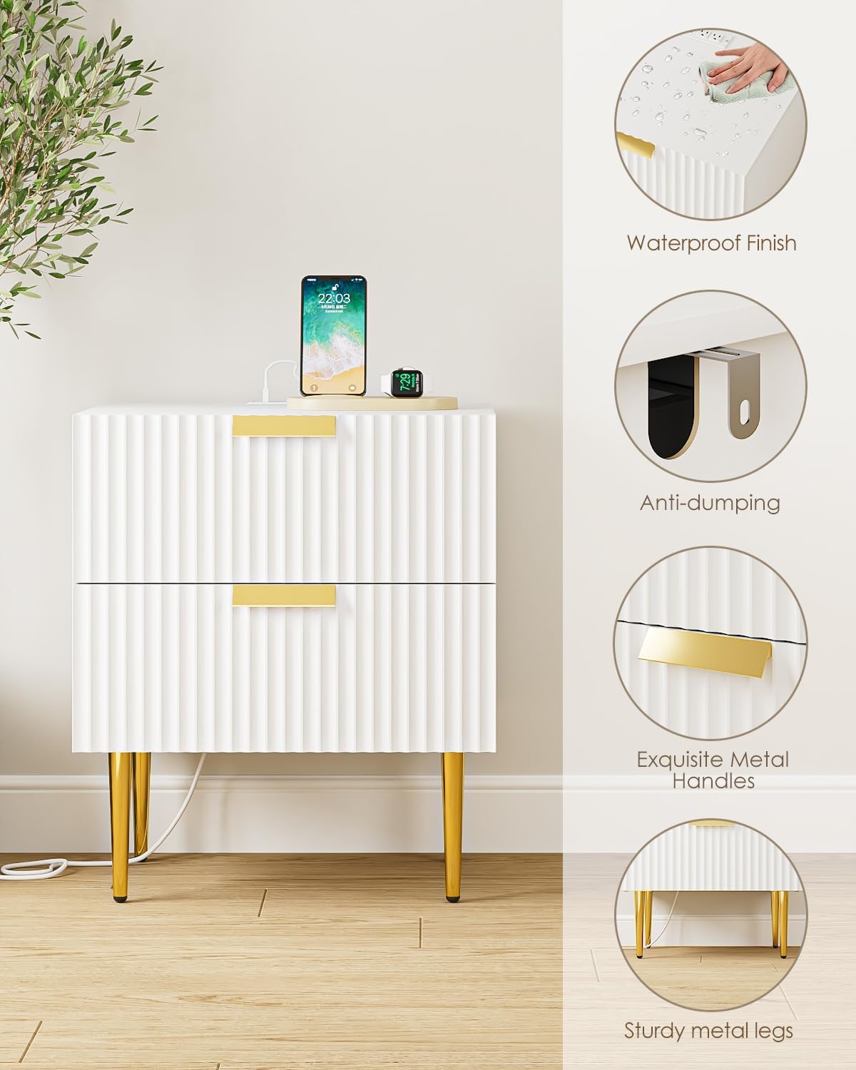 Nightstand with Charging Station, Bedside Table with Gold Frame,White Night Stand, End Table with 2Drawer, Mid Century Modern Bedside Table, Dresser for Bedroom,Living Room