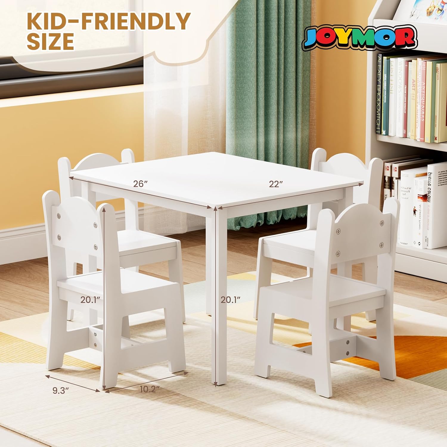 JOYMOR Kids Table and 4 Chairs, Toddler Table and Chair Set for Ages 1-3, Wooden Activity Table with Chairs, Perfect for Arts, Crafts and Nursery Use (White)