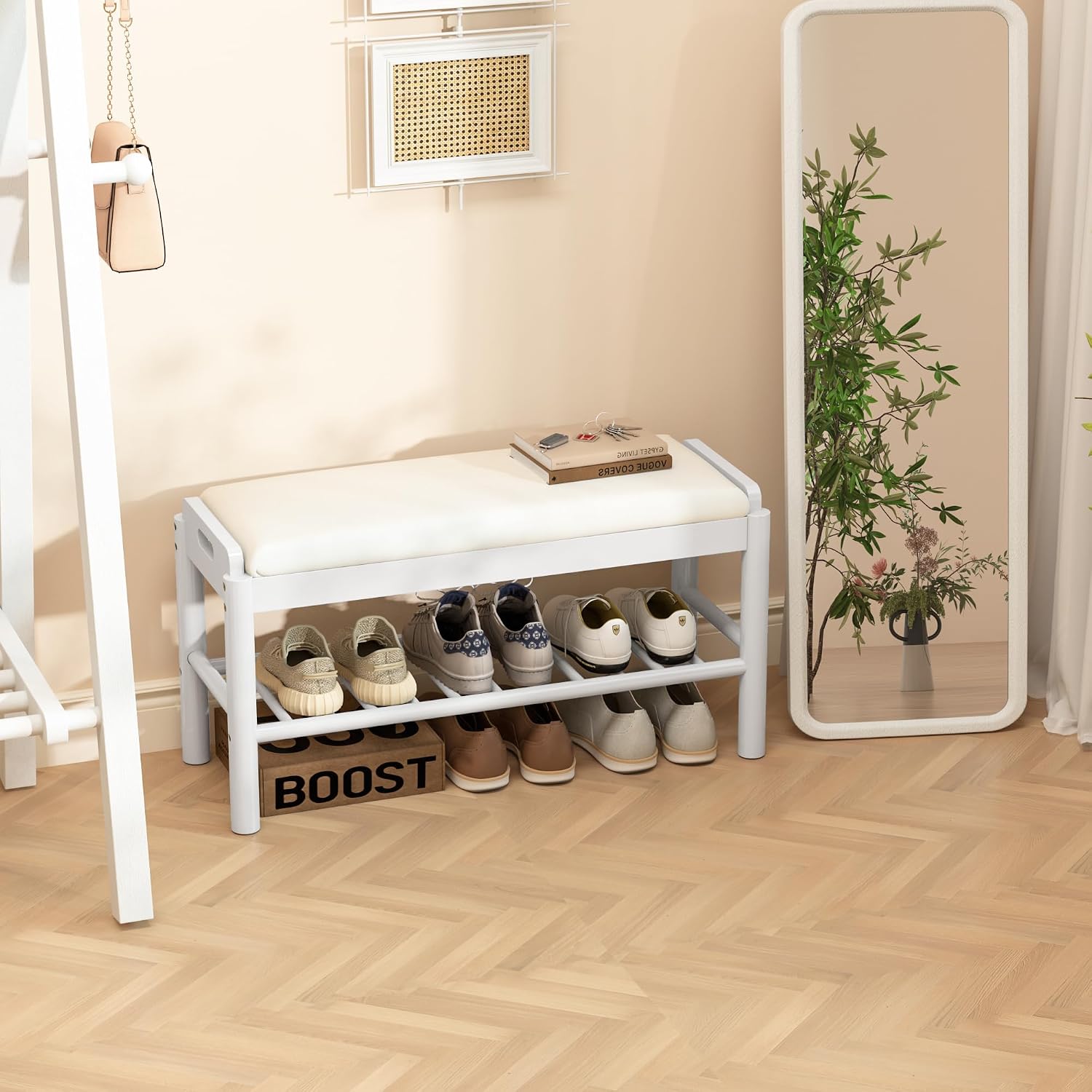 Shoe Storage Bench with Cushion - 2 Tier Shoe Rack for Front Door Entrance, Wood Shoes Rack, Entryway Bench with Shoes Storage for Closet,Hallway,Bedroom&Living Room(White, 31.5" W)