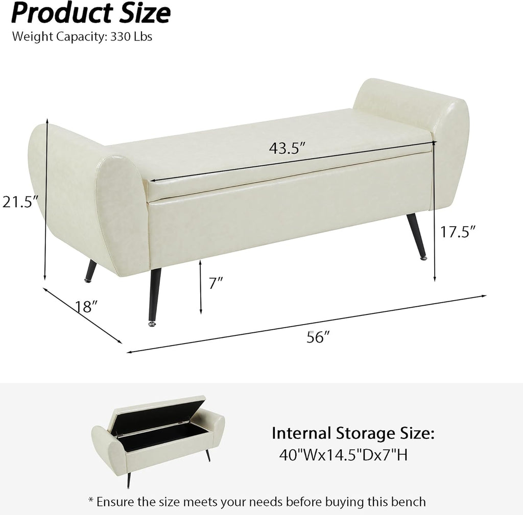 Faux Leather Storage Bench for Bedroom, Extra Long Bench for King Size Bed, Modern Upholstered End of Bed Ottoman Bench with Arms for Entryway Living Room (Faux Leather-Beige)