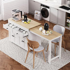 ZOEDO K&K 74.5 Inch Kitchen Island with Extendable Dining Table, Rolling Kitchen Island on Wheels with Spice Rack and 2 Drawers, 4 Door Cabinet, for Kitchen, Dining Room, White (One Package)