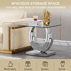 Glass End Table, 22.83" Square Side Table with Tempered Glass Top and Silver Mirror Finish Stainless Steel Three U-Shaped Base, Modern Small End Side Table for Living Room