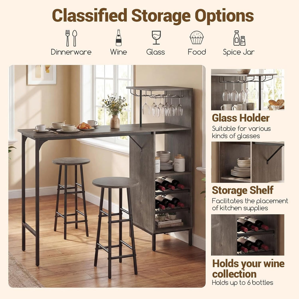 Giantex 3 Pieces Bar Table and Stools Set, Bistro Table Set with Glass Holder, 2 Tier Wine Rack & Storage Shelves, Kitchen Counter Table with 2 Stools for Home, Dining Room, Restaurant (Oak Gray)
