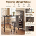 Giantex 3 Pieces Bar Table and Stools Set, Bistro Table Set with Glass Holder, 2 Tier Wine Rack & Storage Shelves, Kitchen Counter Table with 2 Stools for Home, Dining Room, Restaurant (Oak Gray)