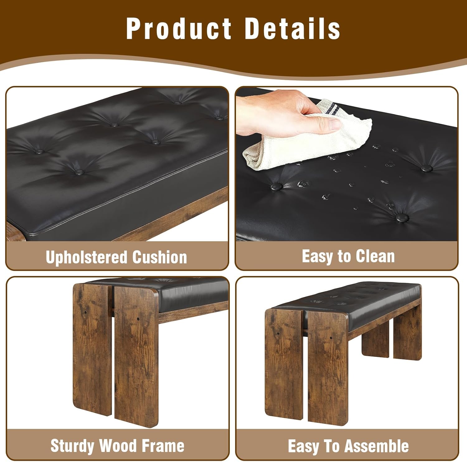 Upholstered Dining Room Bench, Ottoman Bench with PU Leather Padded Seat, Bedroom Bench, Hallway Bench, Entryway Bench for Kitchen, Living Room, Hallway, Entryway, Brown and Black