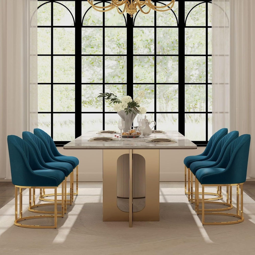 Velvet Dining Chairs Set of 4, Modern Dinning Room Chairs with Golden Metal Frame & Legs, Upholstered Kitchen Chair Armless Accent Side Chairs for Living Room/Kitchen/Dining Room, Teal Blue