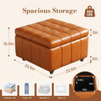 Square Leather Ottoman with Storage and Wheels,360°Rolling ottoman,Faux Leather Flip Top Storage Footstool Coffee Table, Rolling Upholstered Storage Ottoman for Living Room Entryway Bedroom (Brown)