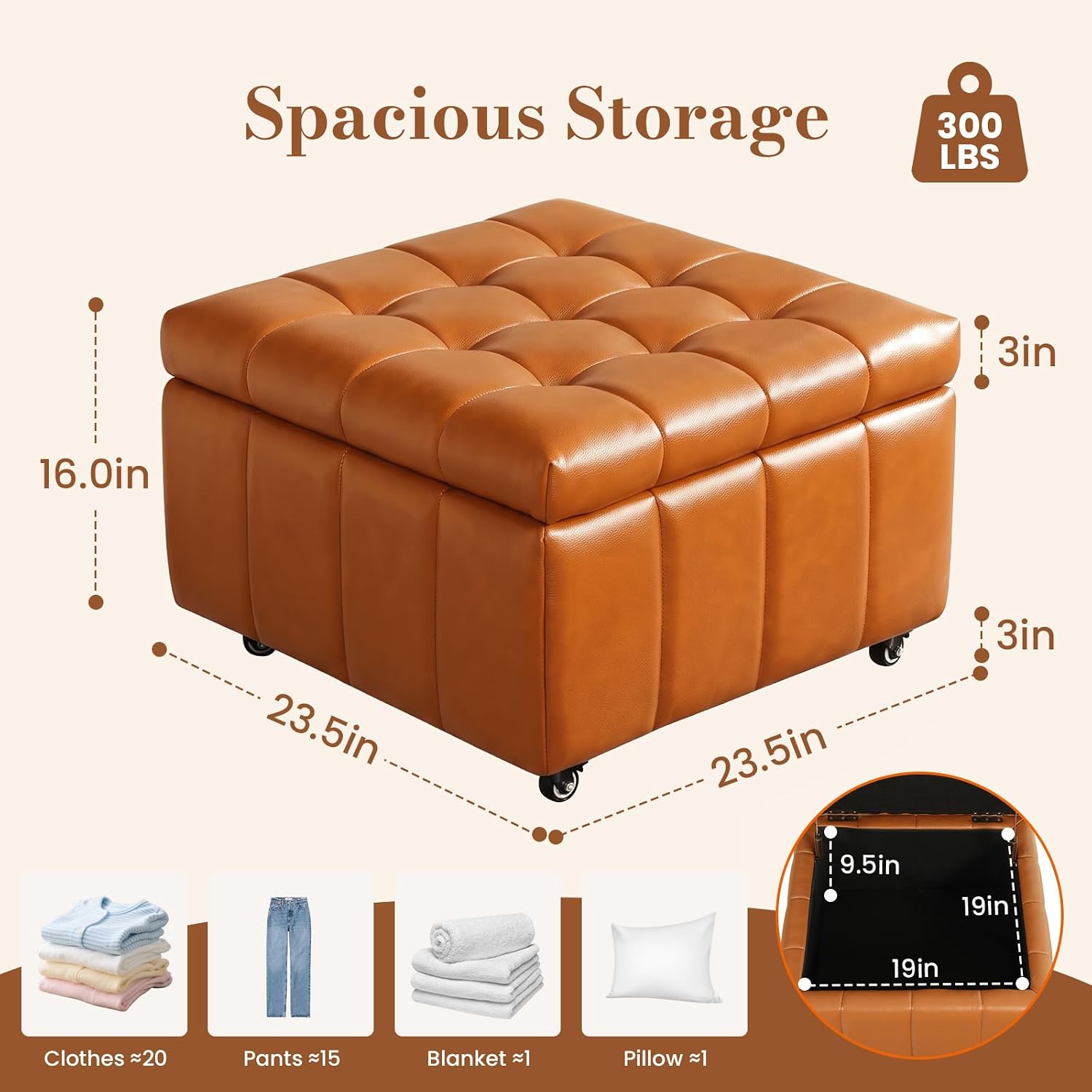 Square Leather Ottoman with Storage and Wheels,360°Rolling ottoman,Faux Leather Flip Top Storage Footstool Coffee Table, Rolling Upholstered Storage Ottoman for Living Room Entryway Bedroom (Brown)
