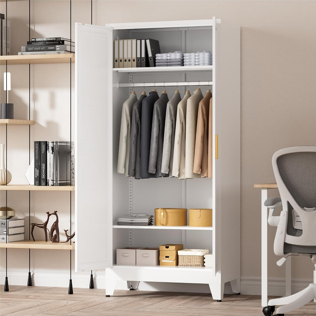LCAOPC 71" Tall Metal Wardrobe Closet with Adjustable Shelves and Hanging Rod, 2 Doors Free Standing Armoire Wardrobe Cabinet for Bedroom, Office, Laundry Room, White