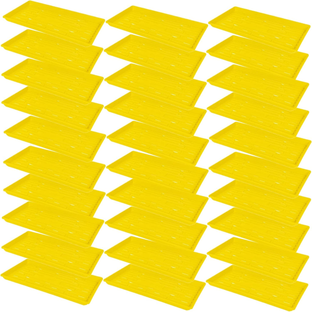 SUNPACK 10" x 20" Heavy Duty Shallow Plastic Seed Starting Tray, Yellow, 1" (Pack of 30) - Lined with Drainage Holes for Excess Water and Aeration, Ideal for Greenhouses or Indoor Gardening