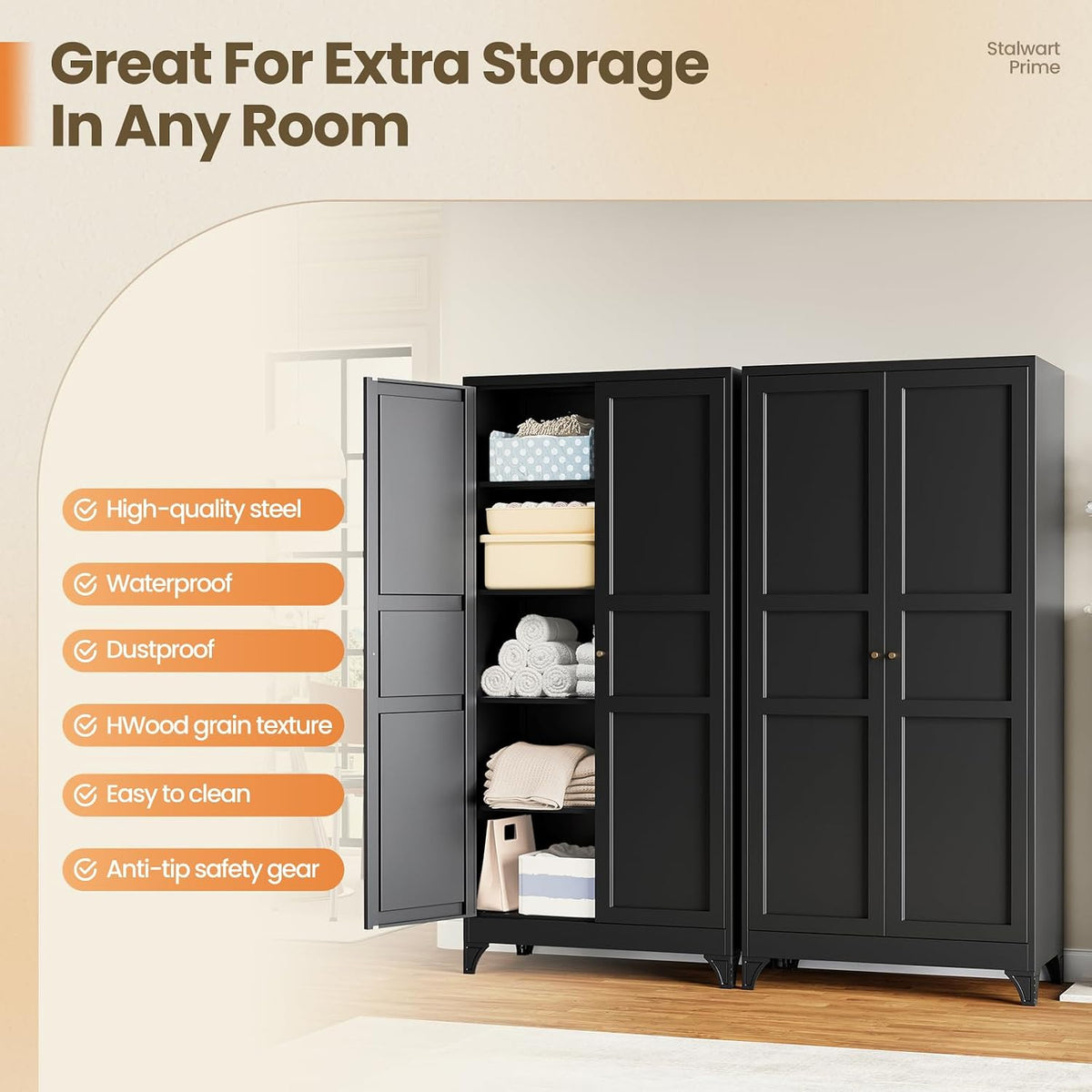 Yizosh Metal Pantry Cabinet, 75" Kitchen Pantry with 2 Door and 4 Adjustable Shelves,Black Metal Pantry Storage Cabinet,Cupboard for Kitchen,Dining Room,Living Room and Bathroom