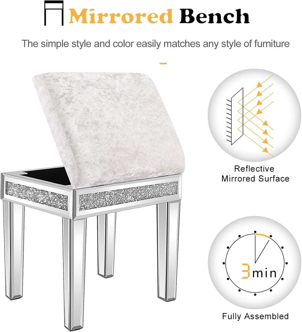 VINGLI Mirrored Vanity Stool with Storage, Upholstered Velvet Ottoman, Makeup Dressing Table Bench with Sparking Diamonds, Silver