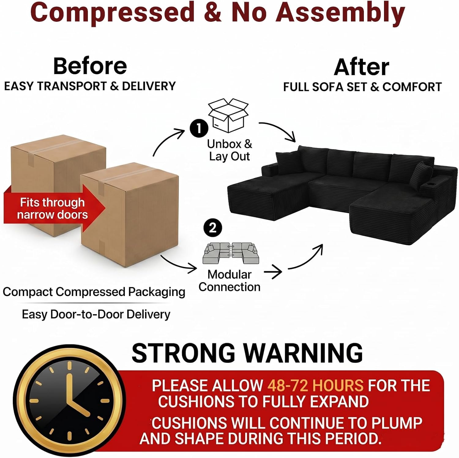 134 Inch Modular Sectional Sofa, Cloud Couch for Living Room | Modern Corduroy Couch with Side Pockets & Cup Holders, Oversized 4-Seater Deep Seat Sofa, No Assembly Required, Black