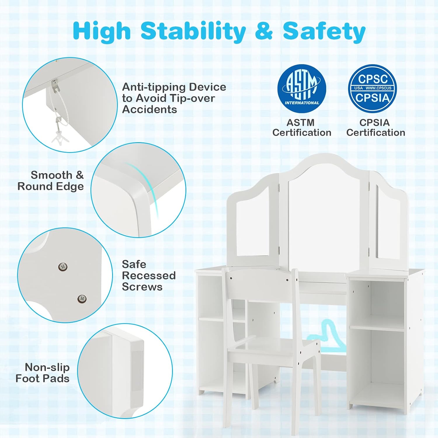 HONEY JOY Kids Vanity, Little Girls Vanity Set with Mirror and Stool, Storage Shelves, Wooden Princess Makeup Dressing Table, Toddler Vanity, Pretend Play Kids Vanity Table and Chair Set (White)