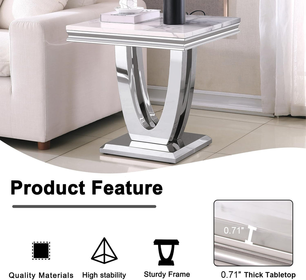 Henf 23in Square End Table Faux Marble End Table w/U Shape Steel Base,Luxury Sofa Side Table Tea Table for Living Room Office, Nightstand Bedside Table for Bedroom, White and Silver End Side Table