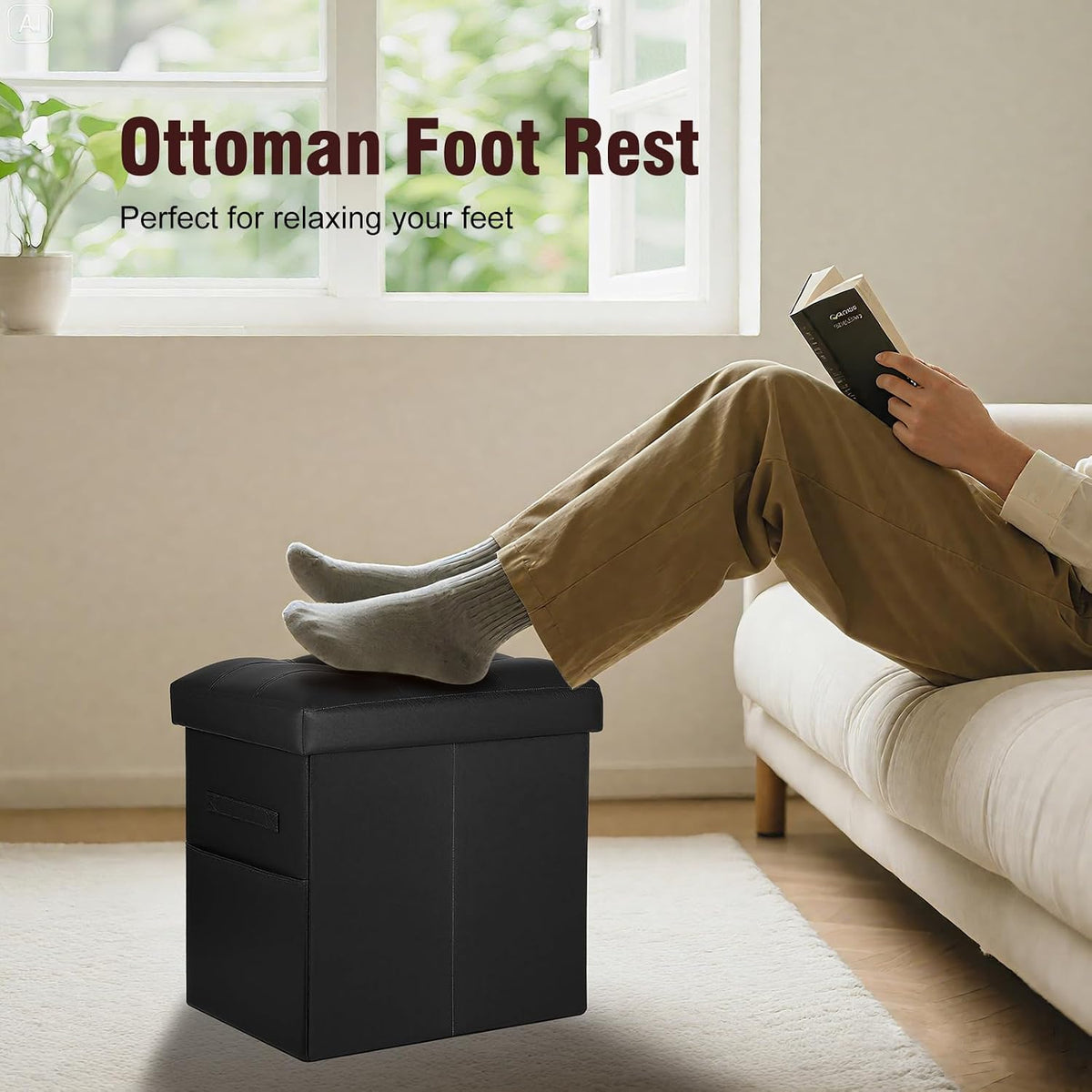 Storage Ottoman, Upgraded 17" High Folding Foot Stools Ottoman Dorm, Black | Ottoman Foot Rest with Thicker Foam Padded Seat, Leather Small Ottoman Bench for Living Room Bedroom Coffee Table, 17x13x17in