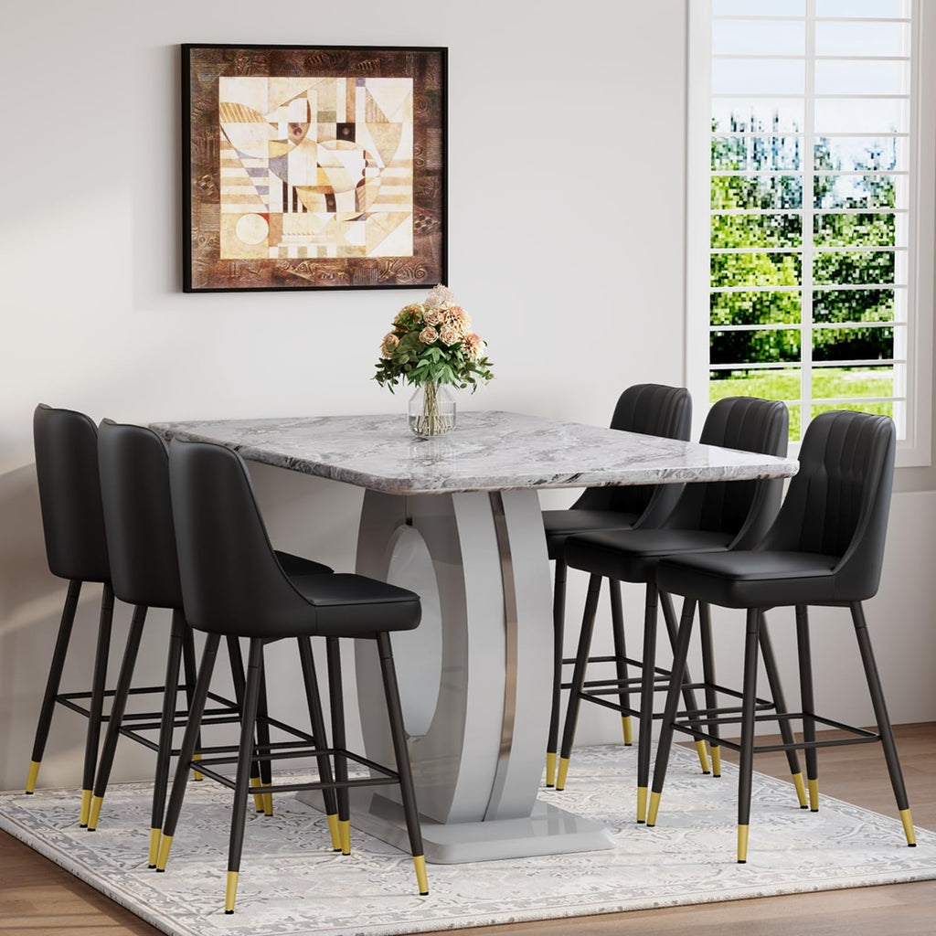 63'' Marble Dining Table Set for 6,Modern Counter Height Dining Table Set,Grey High Top Table with Leather Bar Stools,Bar Height Table Set Ideal for Dining,Pub,Kitchen