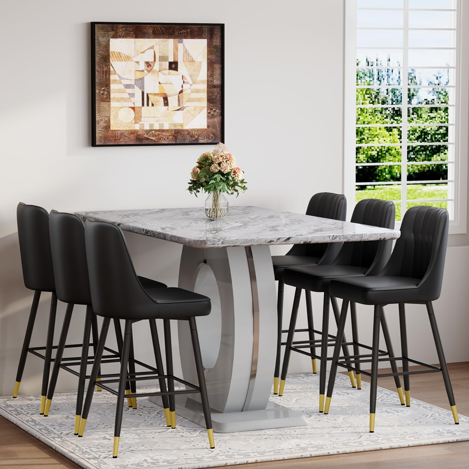 63'' Marble Dining Table Set for 6,Modern Counter Height Dining Table Set,Grey High Top Table with Leather Bar Stools,Bar Height Table Set Ideal for Dining,Pub,Kitchen