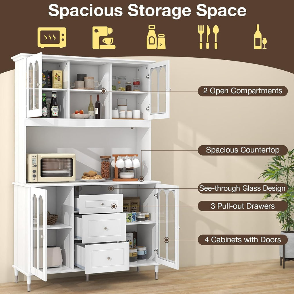 LOKO 73'' Kitchen Pantry Storage Cabinet, Freestanding Buffet Cabinet with LED Lights & Power Outlets, Kitchen Hutch with Microwave Stand, Adjustable Shelves, Doors and Drawers, for Dining Room, White