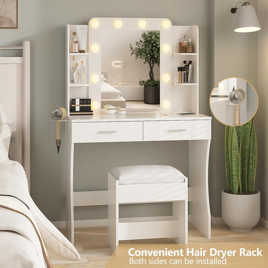 Vabches White Makeup Vanity Desk with Lighted Mirror & Charging Station | 2 Large Drawers，Vanity Mirror 3 Lighting Color Adjustable,Cushioned Stool,Storage Drawers and Shelves