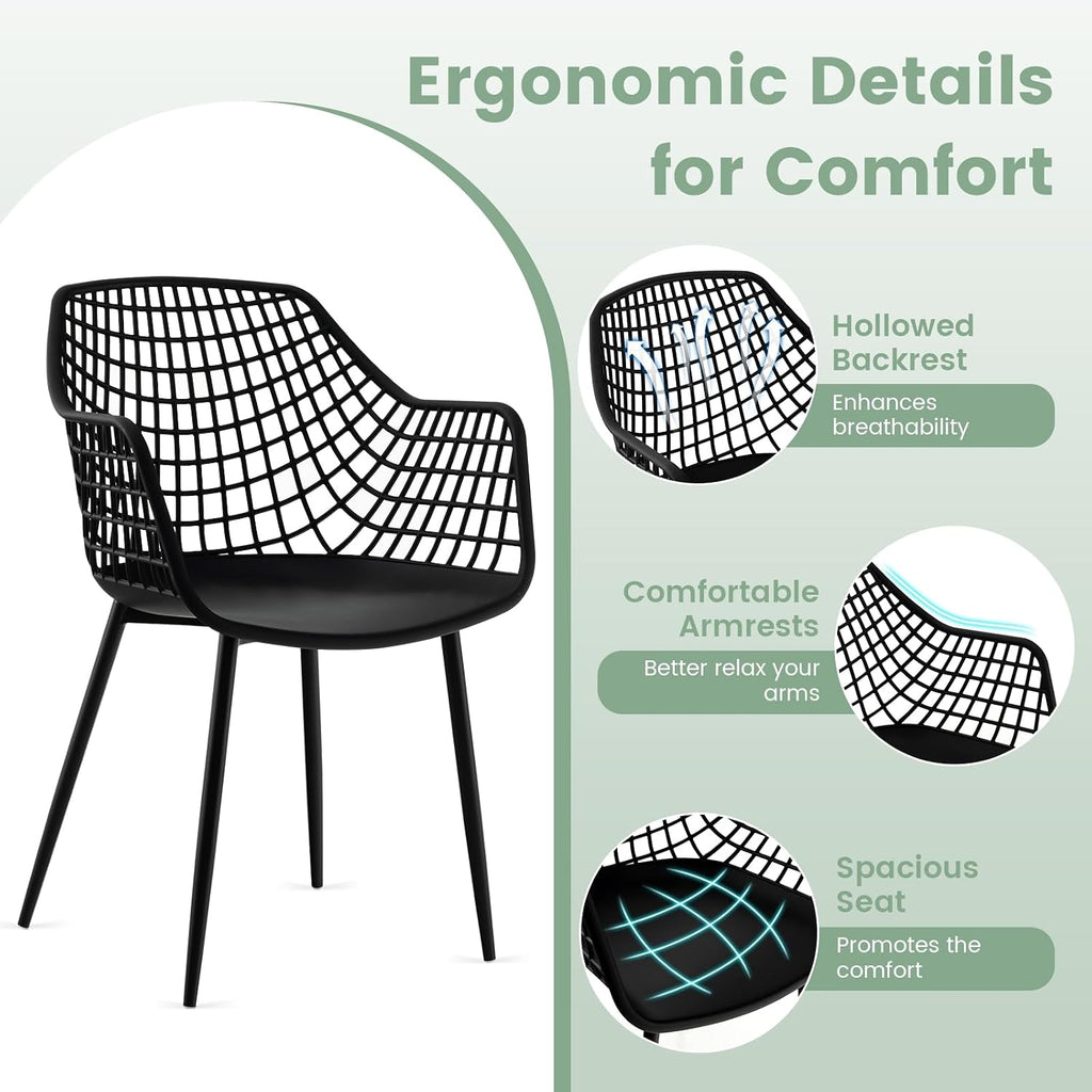 GOFLAME Dining Chairs Set of 4, Plastic Kitchen Chairs with Metal Legs, Hollowed Backrest and Curved Seat, Modern Accent Chairs, Armless Side Chairs for Living Room, Dining Room, Bedroom, Black