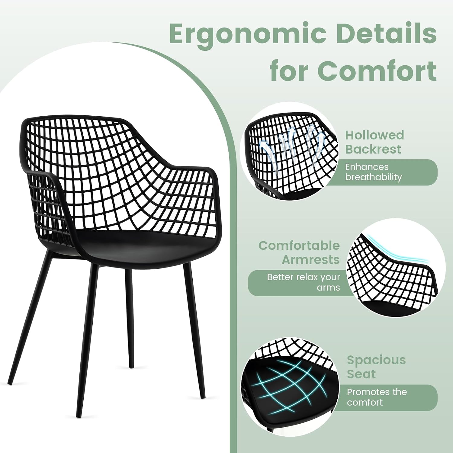 GOFLAME Dining Chairs Set of 4, Plastic Kitchen Chairs with Metal Legs, Hollowed Backrest and Curved Seat, Modern Accent Chairs, Armless Side Chairs for Living Room, Dining Room, Bedroom, Black