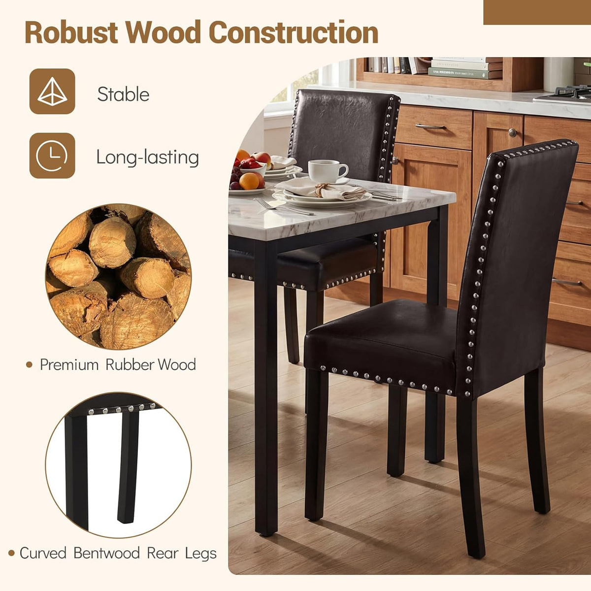 GOFLAME Upholstered Dining Chairs Set of 2, Faux Leather Parsons Chairs with Rubber Wood Legs, Padded Seat and Nailhead Trim, Modern Kitchen Chairs for Living Room, Dining Room, Restaurant, Brown