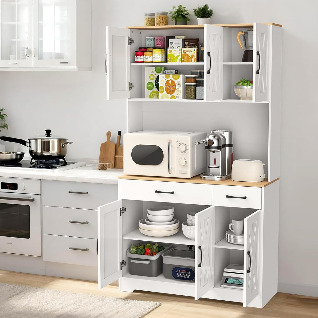 42" Tall Kitchen Pantry Storage Cabinet with Microwave Stand, with Charging Station, Farmhouse Food Pantry with Drawers for Living Room,Dining Room (White)