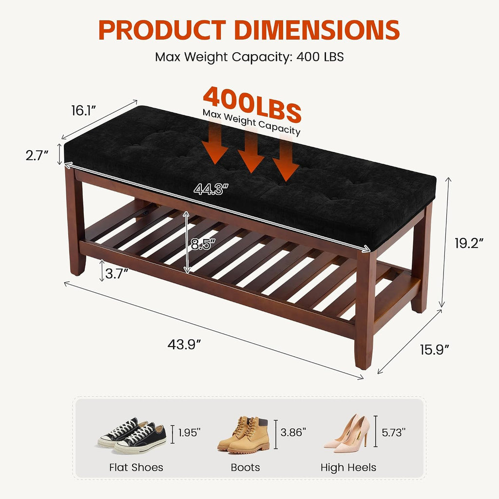 HUBSON 44" Entryway Shoe Bench, Upholstered End of Bed Bench with Solid Wood Shelf, Button Tufted Shoe Bench for Bedroom, Hallway, Living Room, Dark Grey
