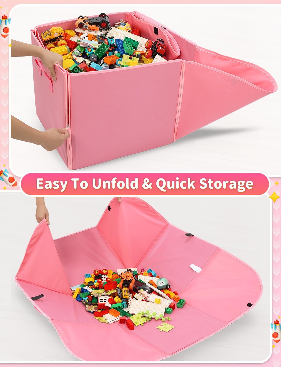 YOHOOLYO 2 In 1 Toy Storage Play Mat, Storage Box for Kids Children Space Adventures Design,Nursery, Playroom, Basket for Building Bricks Blocks Collapsible Cube Bin, 16.9"x16.9"x16.9"