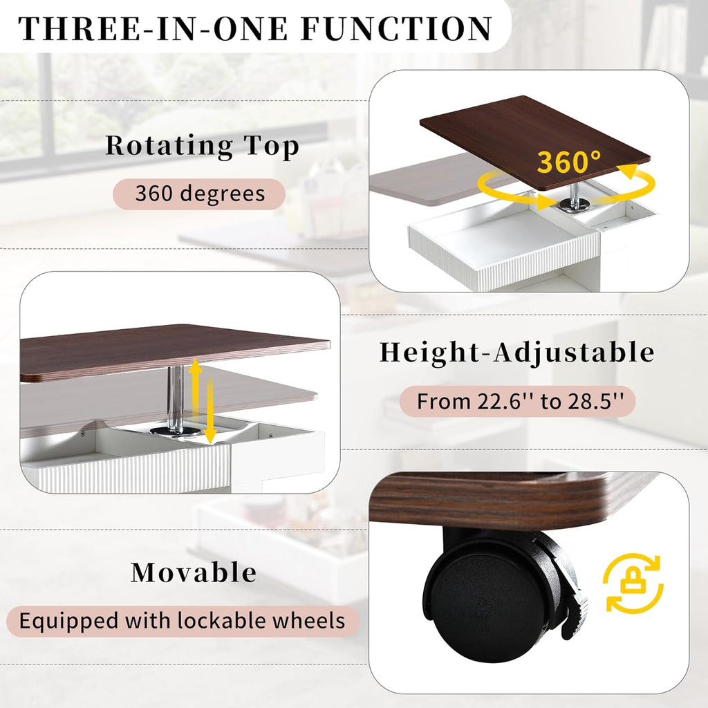 Merax Adjustable End Table with Wheels, Modern Multifunctional Sofa Side Table with Lift-Top, 360°Rotating Top and Storage Space for Living Room, Small Space, Brown+White