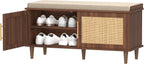 Akxomel Rattan Shoe Storage Bench with Cushion, 2-Tier Entryway Bench with Adjustable Shelves and 2 Doors, 15" D x 39.4" W x 20" H, Solid Wood Legs, for Hallway, Living Room, Bedroom, Walnut