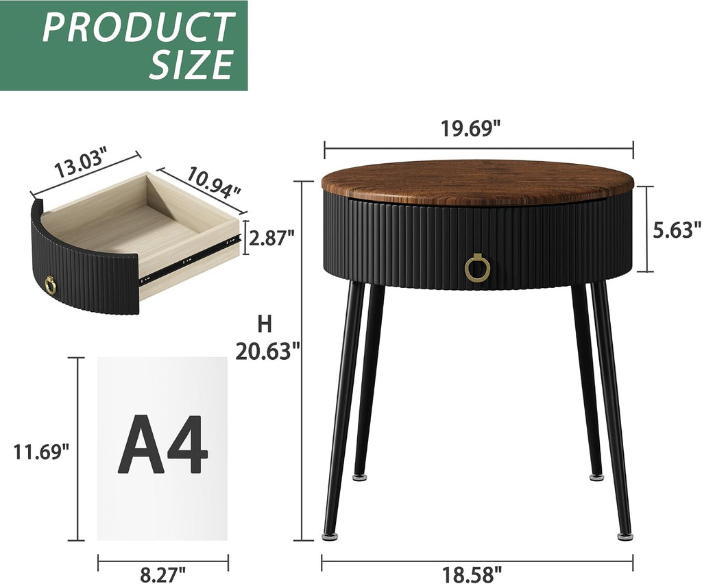 OIOG End Tables Set of 2, Wood Grain Bedside Tables with Drawer, Black