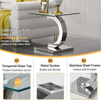 Luxury Silver Glass End Table,Sqaure Sofa Side Table with Shiny Mirrored C-Shape Stainless Steel Base,Clear Glass Accent End Table Bedside Table Nightstand for Living Room Bedroom Office
