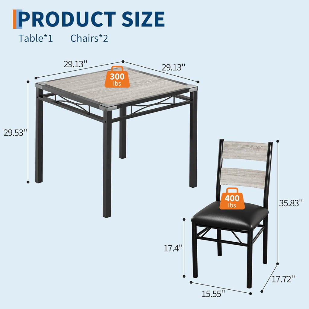 IDEALHOUSE Dining Table Set for 2 with Corner Protector, Kitchen Table Chairs Set of 2 w/Upholstered Chairs, Wood Dining Room Table Set for 2, for Dining Room, Apartment, Retro Gray