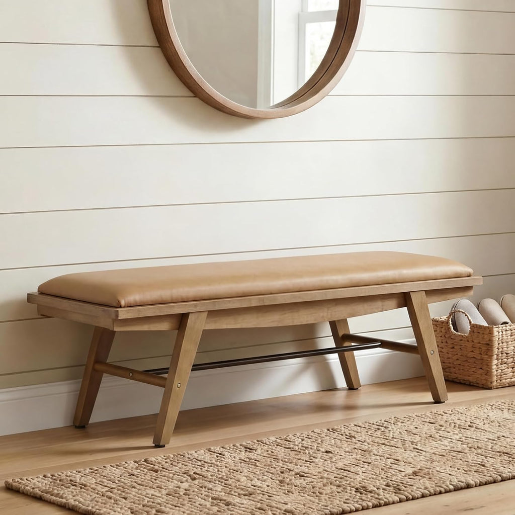 51'' Entryway Bench Leather Upholstered Shoe Benches Farmhouse Dining Table Benches for for Hallway Living Room Bedroom End of Bed, Brown