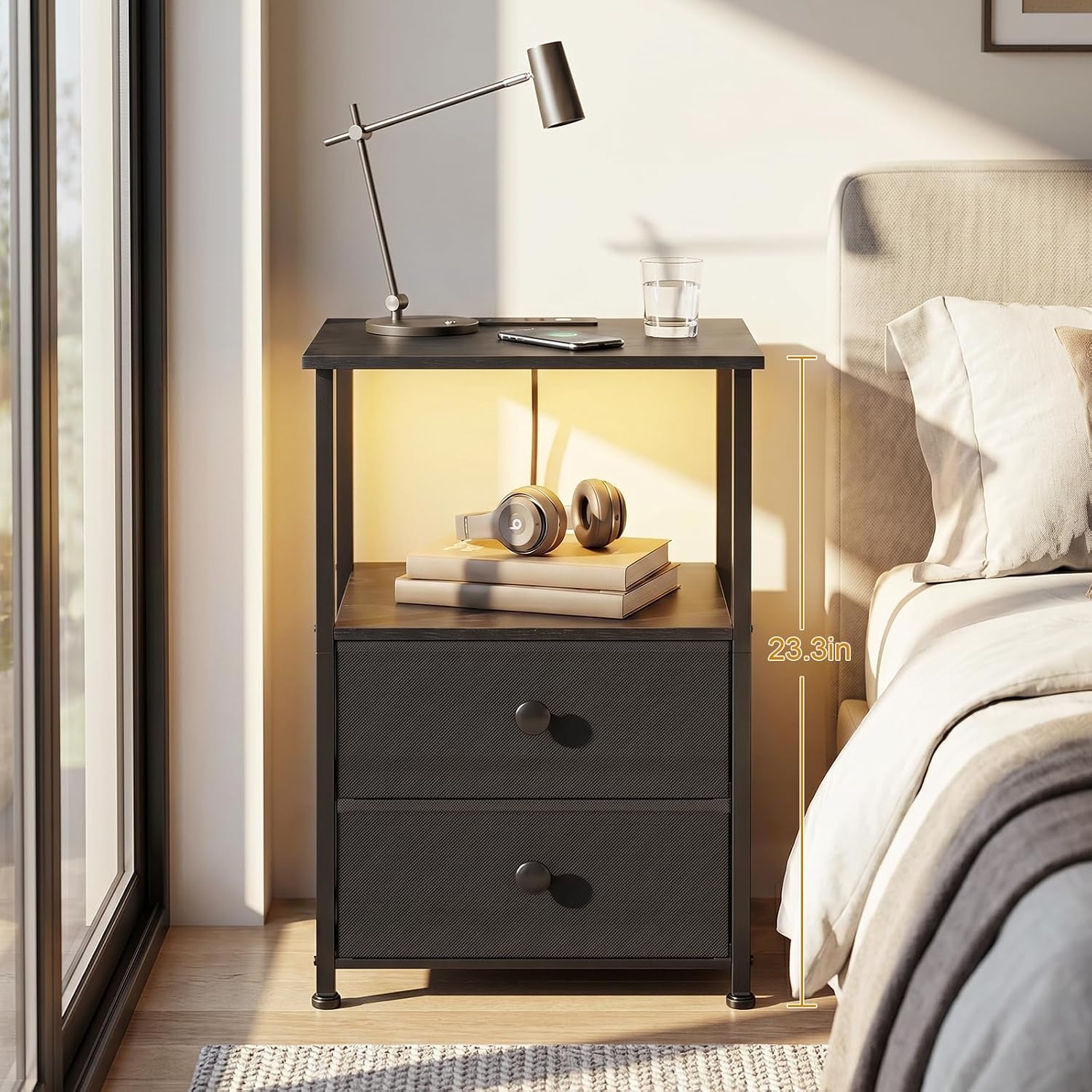 LOAKEKEL Nightstands Set of 2, LED Night Stand with Charging Station | Bedside Table with Type-C Outlets & 2 Fabric Drawers, End Tables with Storage Shelf for Bedroom, Small Spaces, Black