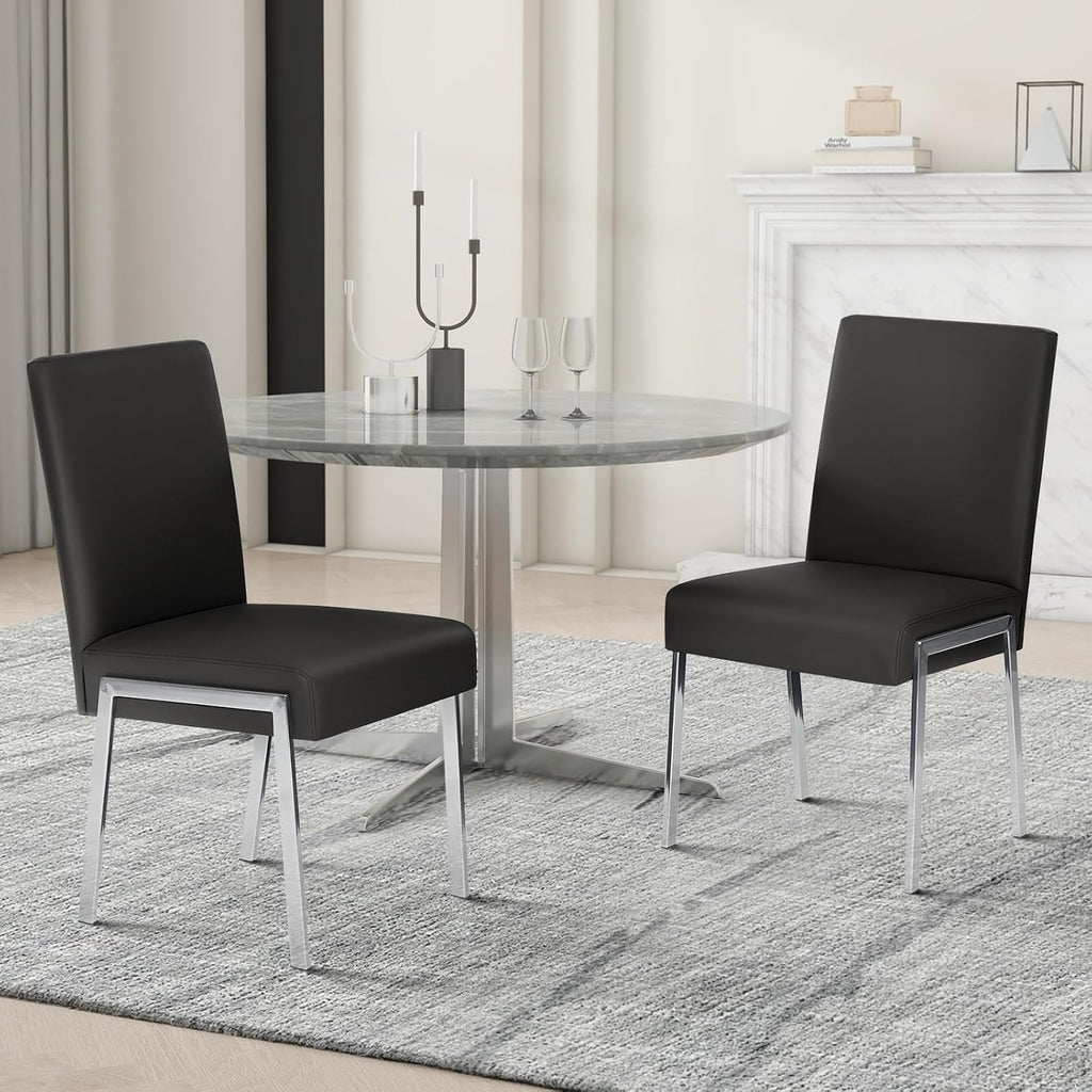 Modern Dining Chair Set of 2, Comfortable Dining Chair with Thick Cushions | Upholstered Leather Kitchen Side Chair with Metal Feet for Home, Kitchen, Living Room, Dining Room and Cafeteria, Black