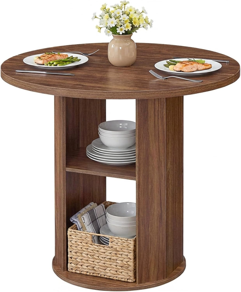 MAHANCRIS 31.5" Round Dining Table with Storage Shelf for 2-3, Circle Kitchen Dinner Table with Thick Tabletop, for Small Spaces, Circle Nook Table for Kitchen & Dining Room, Walnut DTWA8501