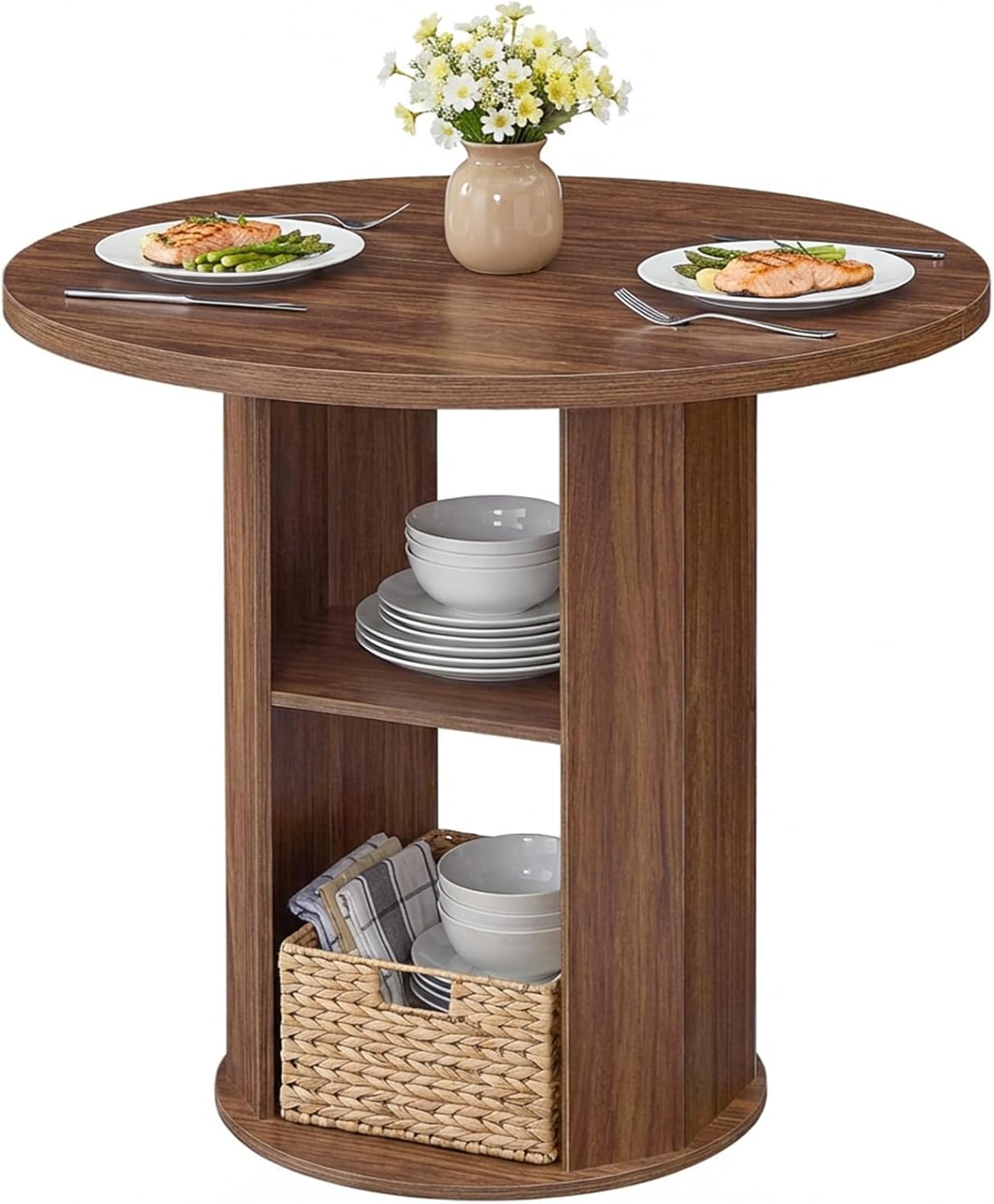 MAHANCRIS 31.5" Round Dining Table with Storage Shelf for 2-3, Circle Kitchen Dinner Table with Thick Tabletop, for Small Spaces, Circle Nook Table for Kitchen & Dining Room, Walnut DTWA8501